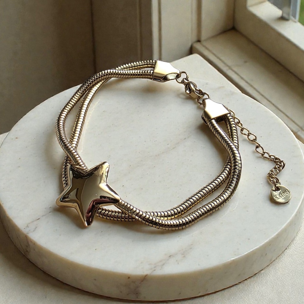Stainless Steel Polished Gold or Silver Star and Round Snake Chain Bracelet